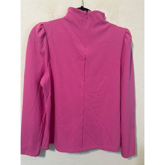 Ann Taylor Petite Sz LP Mock Neck Puff Sleeve Bright Pink Barbiecore Top Blouse - Picture 5 of 6